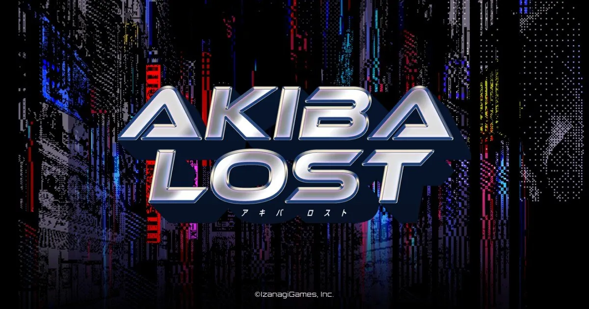 Logo de Akiba Lost sobre un fondo de luces de neón de la ciudad