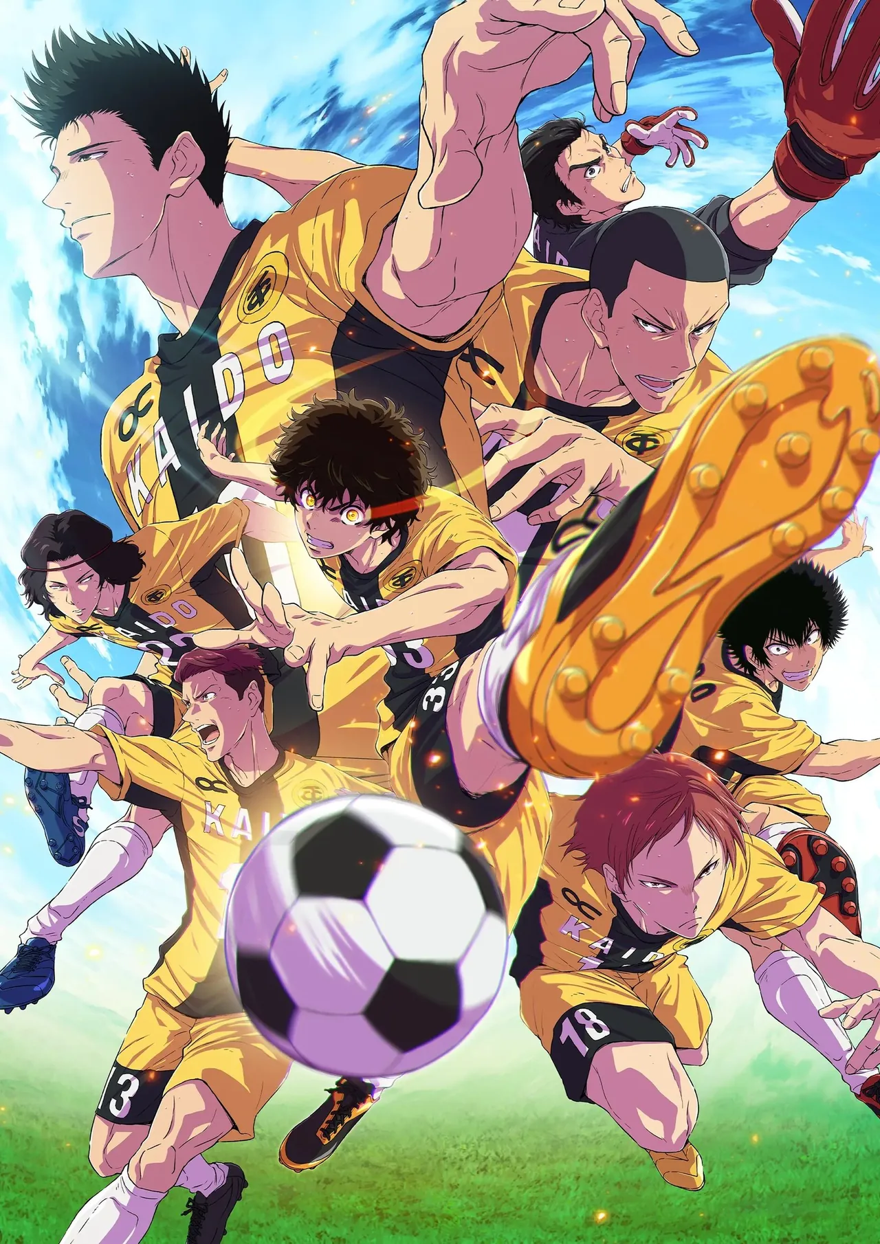 Ilustración promocional de Aoashi con los jugadores del equipo en plena jugada
