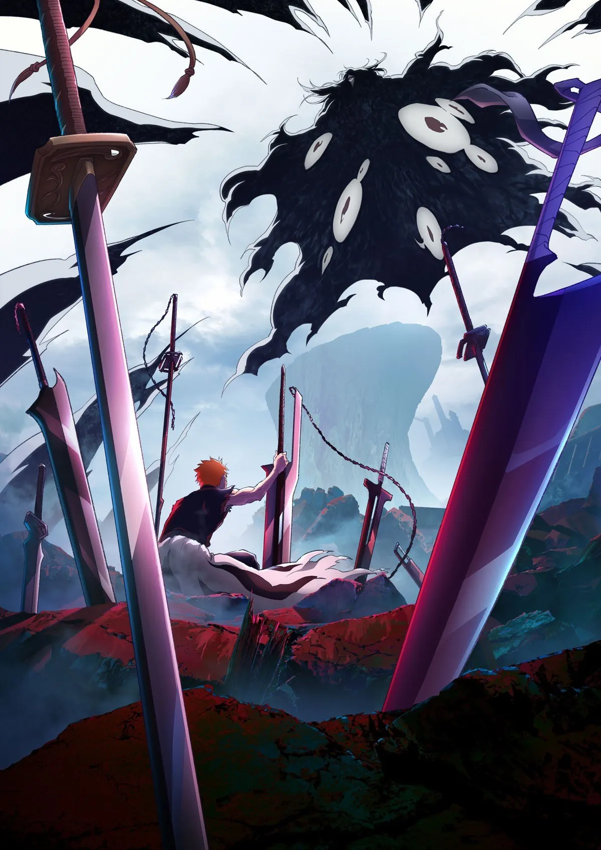 Ilustración oficial de Bleach con Ichigo rodeado de espadas clavadas en el suelo