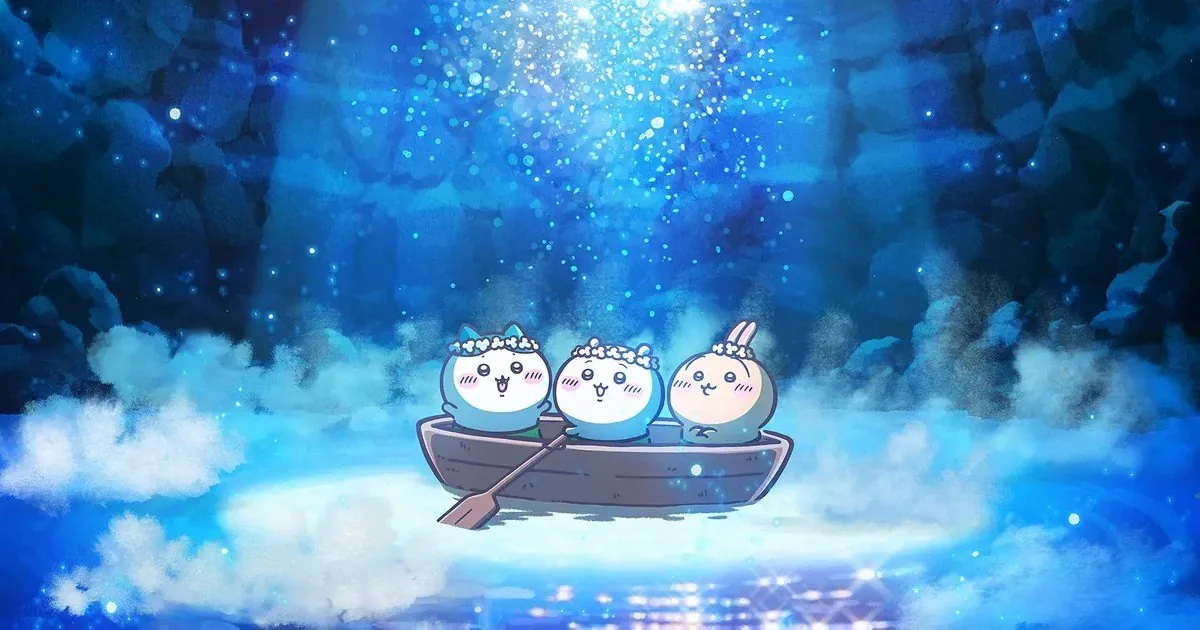 Ilustración de la película de Chiikawa con los tres personajes en un bote dentro de una cueva iluminada