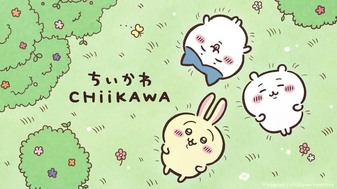 Arte de Chiikawa, Hachiware y Usagi tumbados sobre el pasto