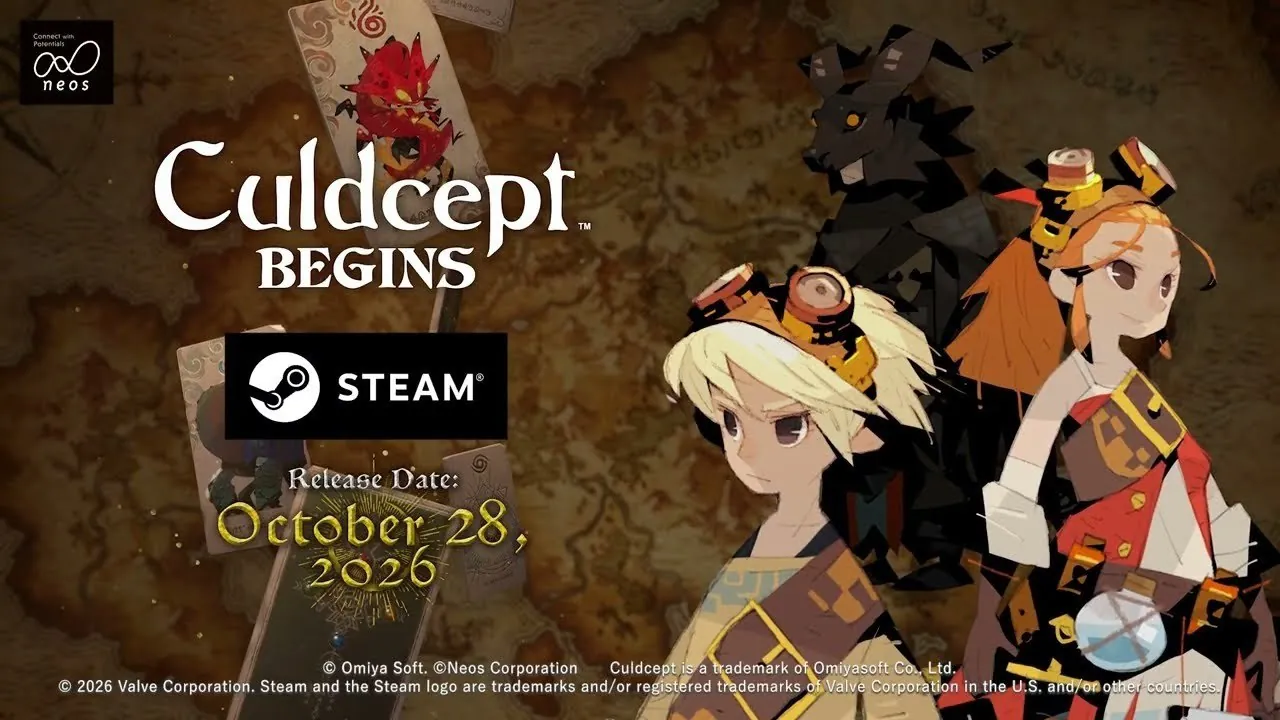 Imagen oficial de Culdcept Begins con el logotipo, el icono de Steam y la fecha del 28 de octubre de 2026