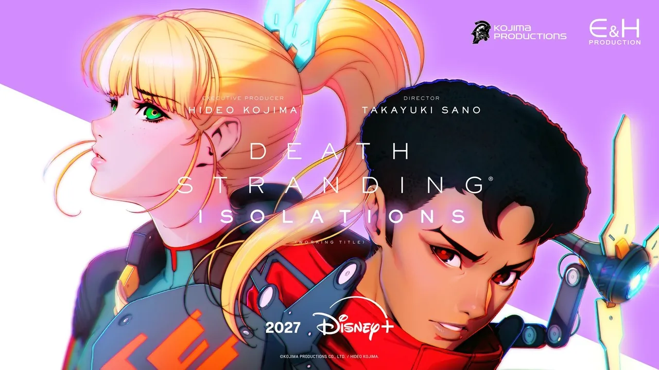 Imagen promocional de Death Stranding Isolations con dos de sus personajes y el logotipo de Disney+ para 2027