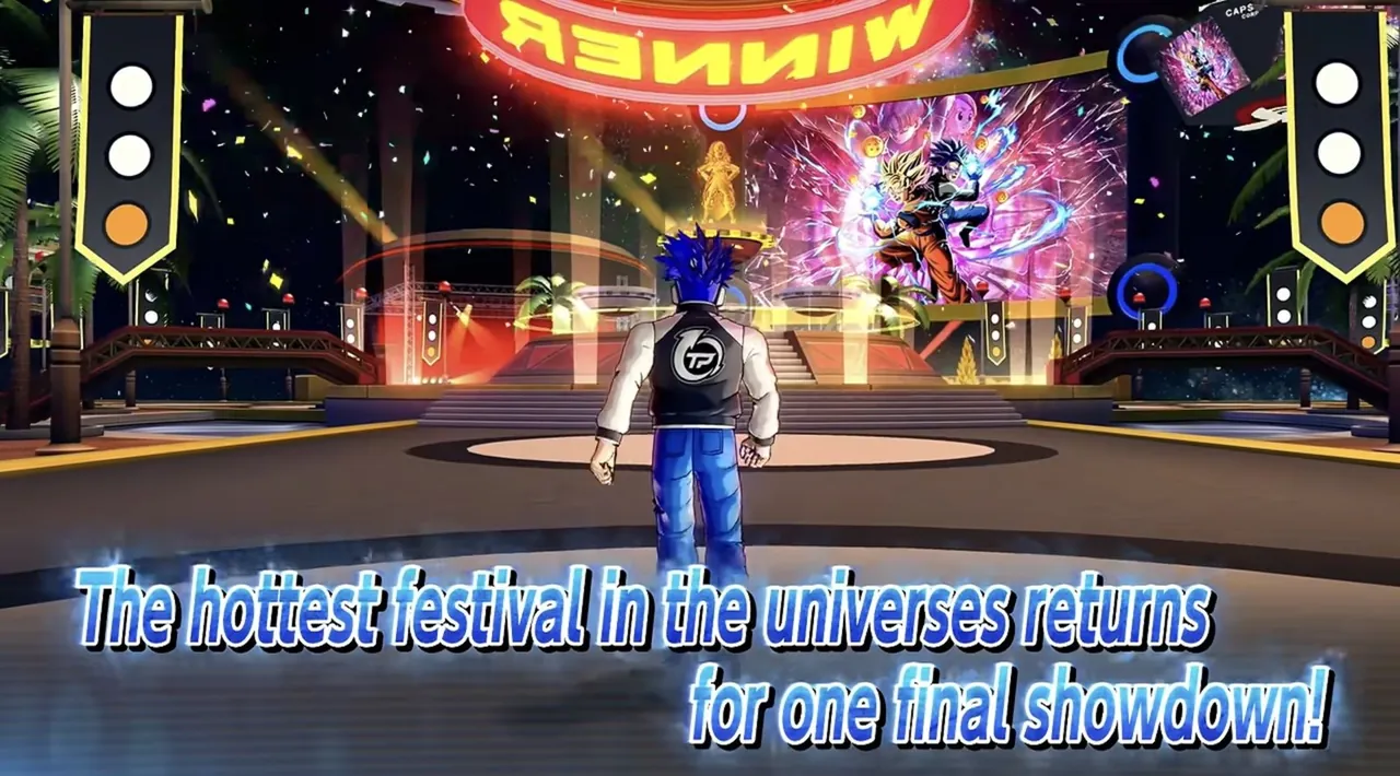 Escena del tráiler de Dragon Ball Xenoverse 2 con un personaje de espaldas ante un escenario del festival