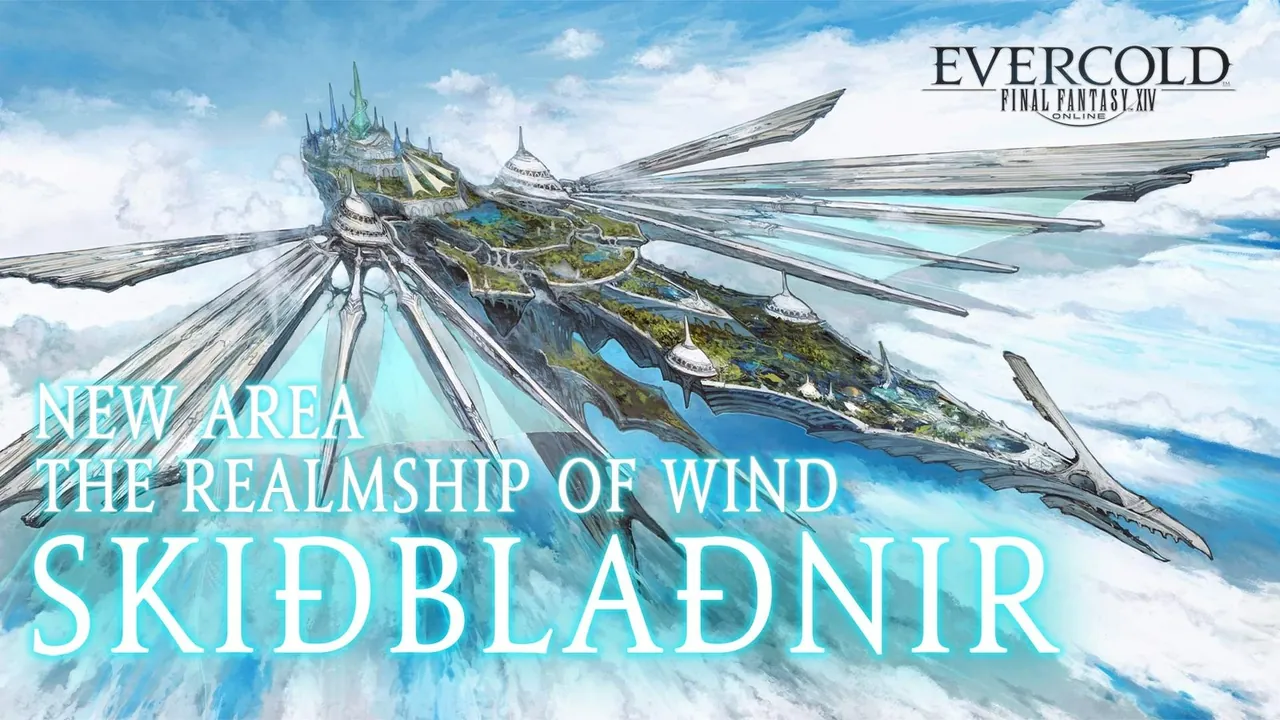 Ilustración de la Realmship Skiðblaðnir, una nave flotante entre las nubes