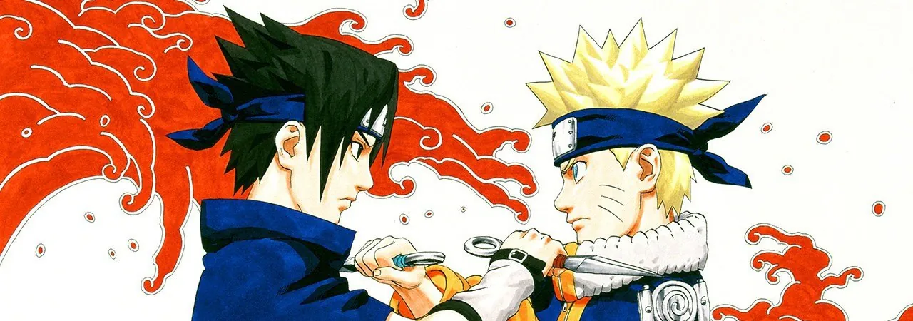 Ilustración oficial de Naruto y Sasuke enfrentados, de la obra en la que Tsuchida dio voz a Raidō Namiashi