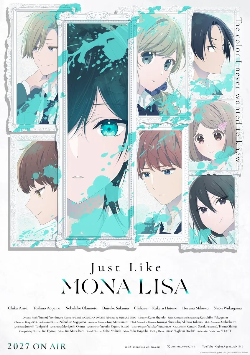 Key visual de Just Like Mona Lisa con los personajes principales en marcos y salpicaduras turquesa