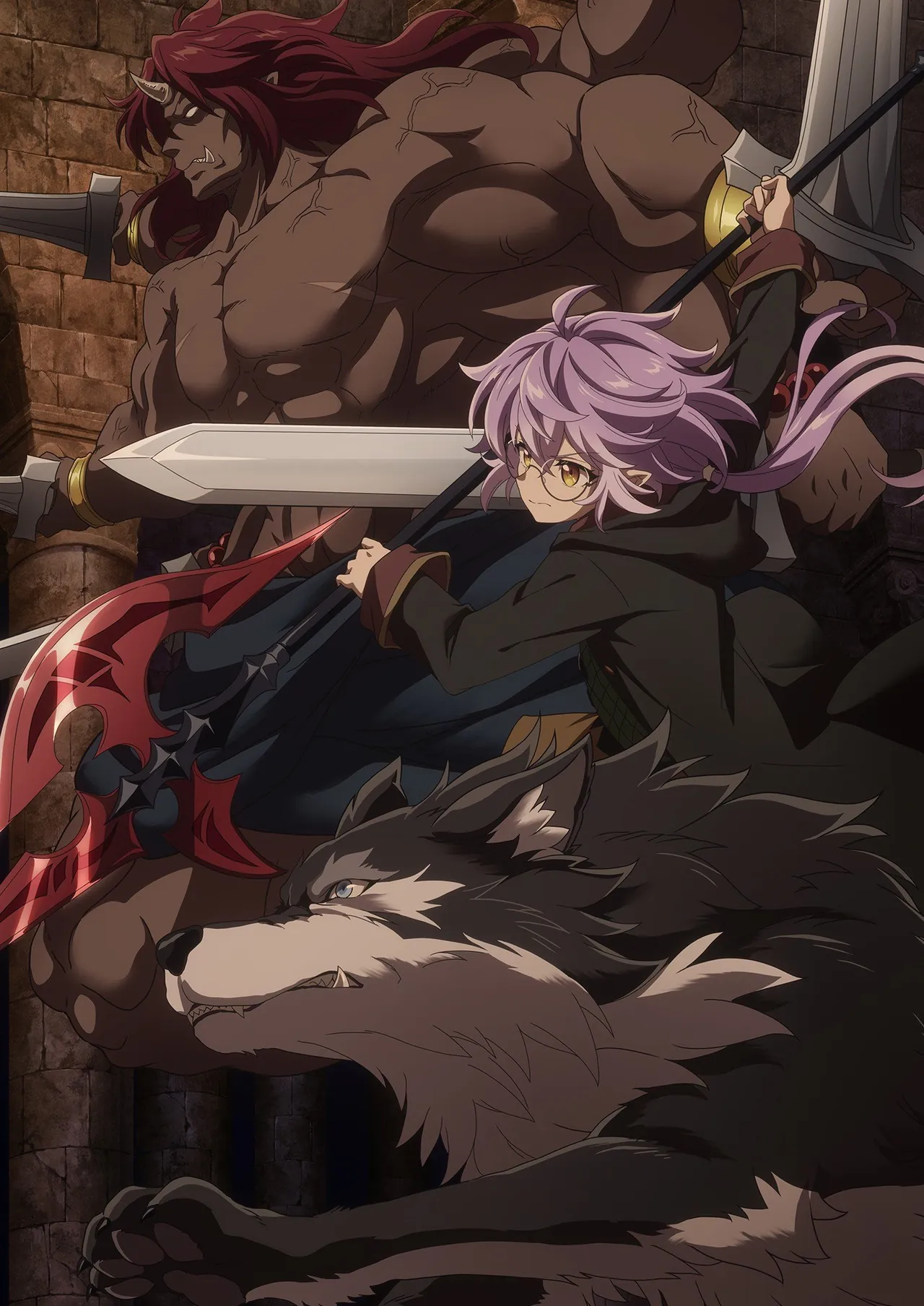 Imagen oficial del anime con Mercedes empuñando una lanza junto a un ogro y un lobo