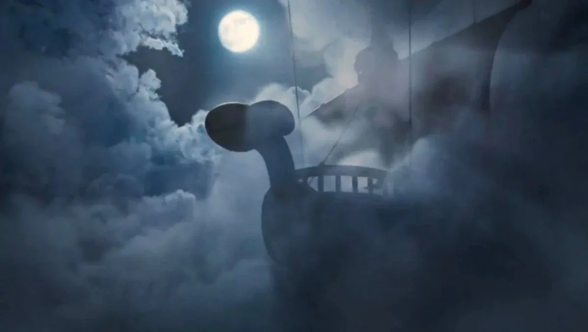 Teaser de Fortnite con el Going Merry entre nubes bajo la luna