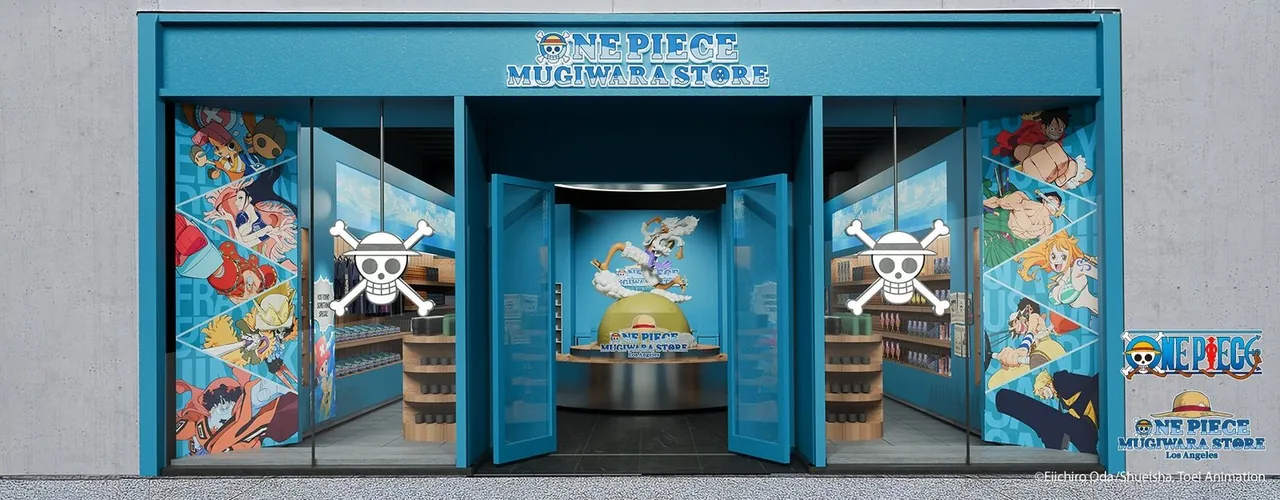 Ilustración de la fachada de la One Piece Mugiwara Store Los Angeles con el logo y la bandera pirata