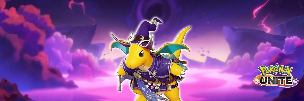 Arte de Pokémon Unite con un Dragonite con sombrero de mago sobre un fondo morado