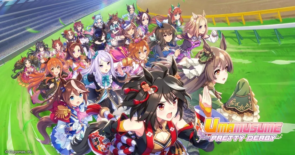 Arte oficial de Umamusume: Pretty Derby con las chicas caballo corriendo en una pista