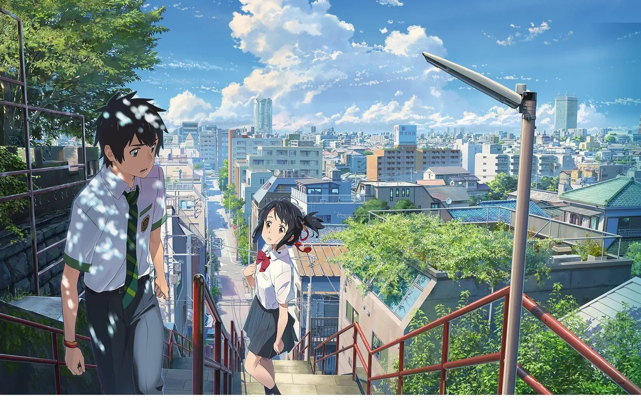 Ilustración promocional de la película Your Name con Taki y Mitsuha