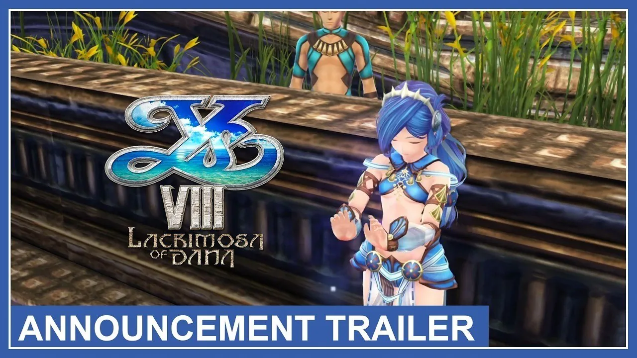 Imagen del tráiler de anuncio de Ys VIII: Lacrimosa of Dana para Switch 2 con el logo del juego y un personaje de cabello azul